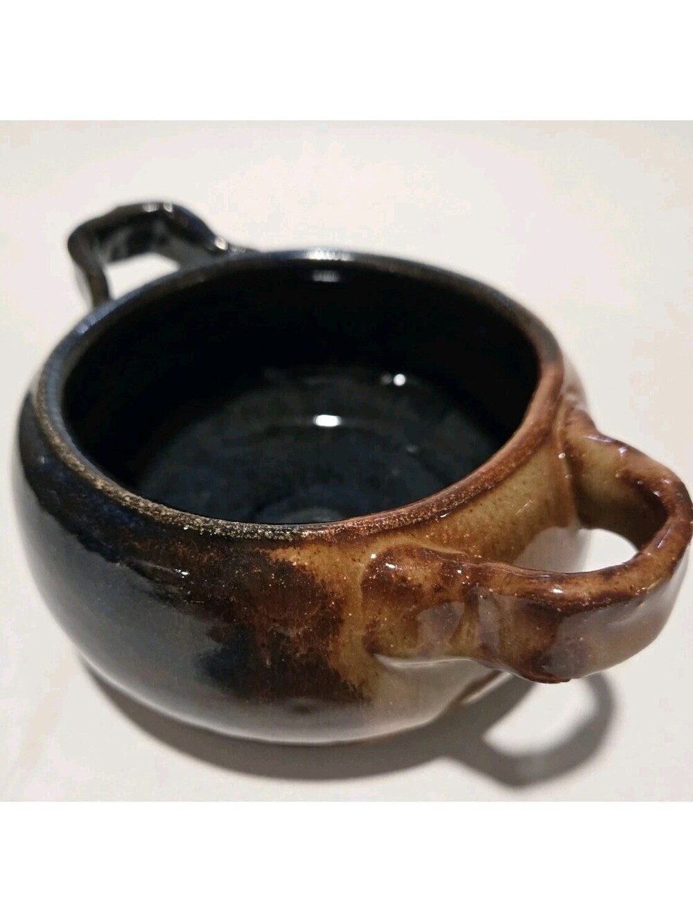 VTG Studio Art Pottery Glazed Crock Individual Soup Bowl Handmade Brown Blue